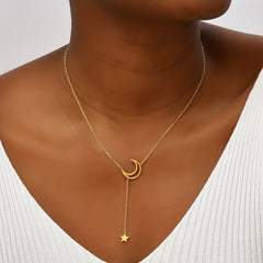 Stainless Steel Moon Star Pendant Necklace 14K Plated Neck Jewelry Gift
