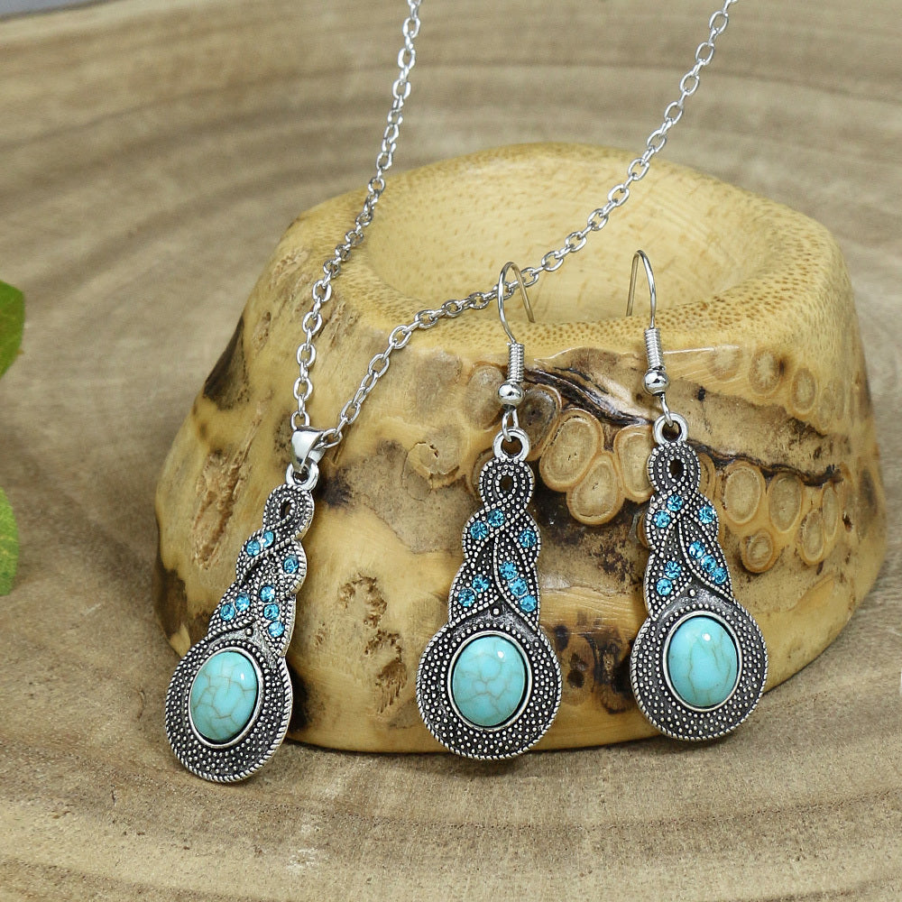 Bohemian Turquoise Inlaid Rhinestones Water Drop Earrings Necklace Set