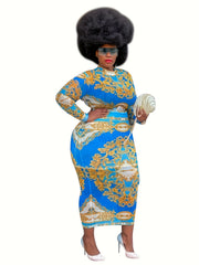  Baroque Print Bodycon Midi Dress