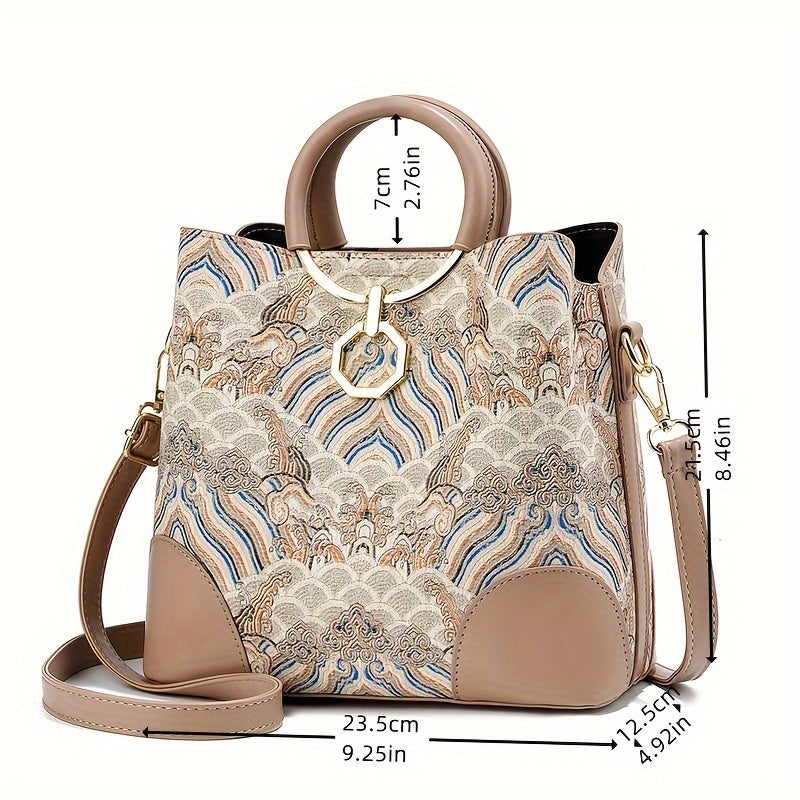 Floral PU Leather Top Handle Bag Zipper Closure Shoulder Tote