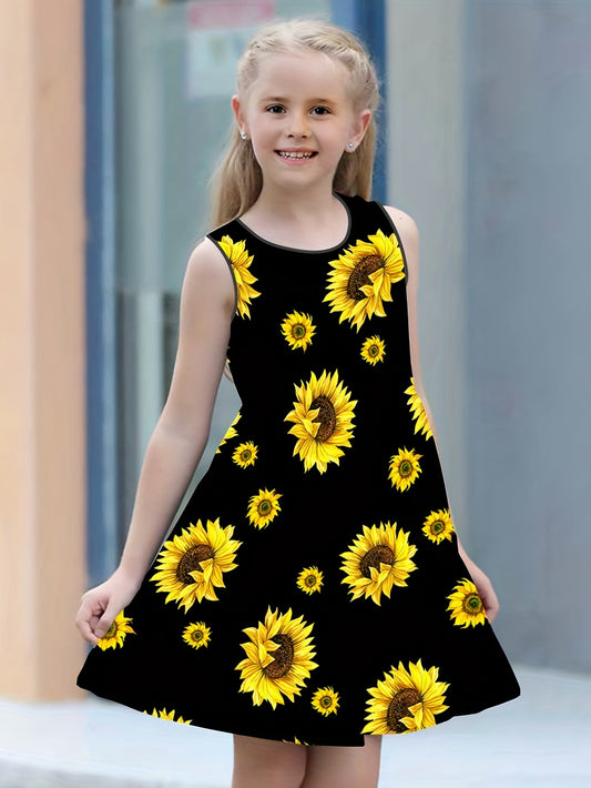 Girls Sunflower Print Sleeveless Loose Fit Summer Dress
