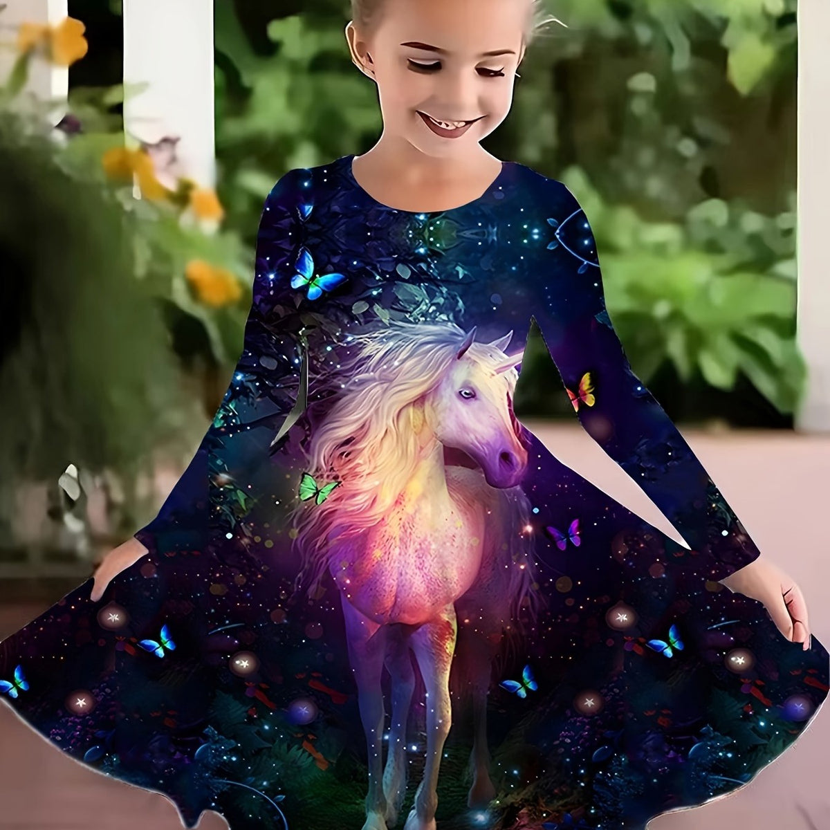 Girls 3D Unicorn & Butterfly Graphic Long Sleeve Dress