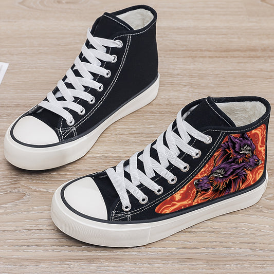 Wolf Print Plush Lined Thermal Chunky Canvas Sneakers