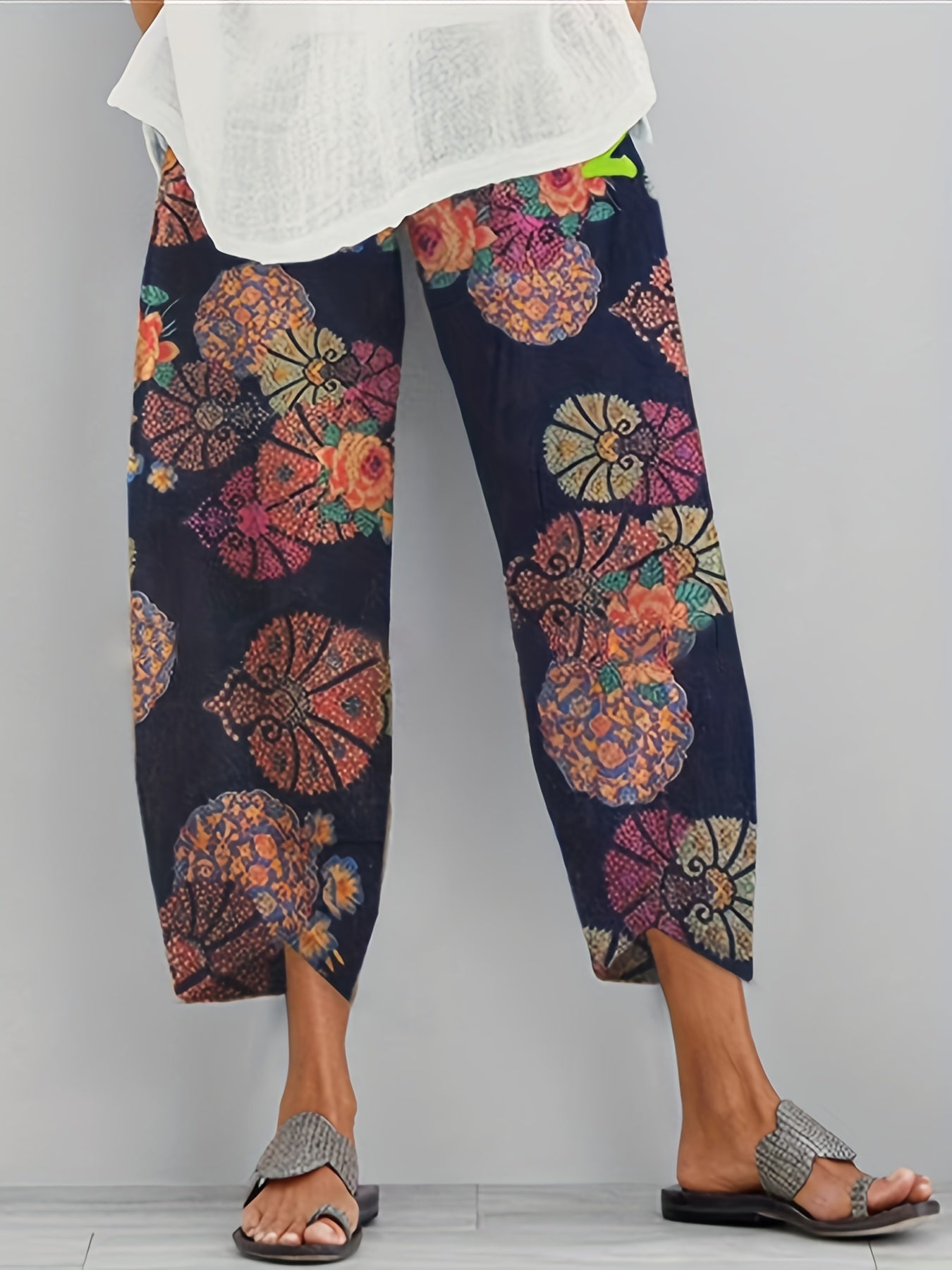  Boho Pants Women's Plus Floral Print Elastic Waist Pants