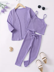 Girl's Waffle Pattern 2pcs Cami Top & Cardigan & Pants Set
