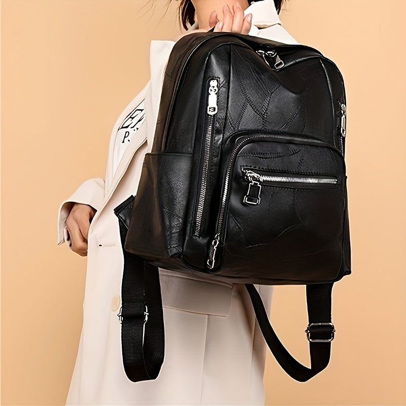 Embossed Backpack Zipper Large Capacity Knapsack Soft Faux Leather