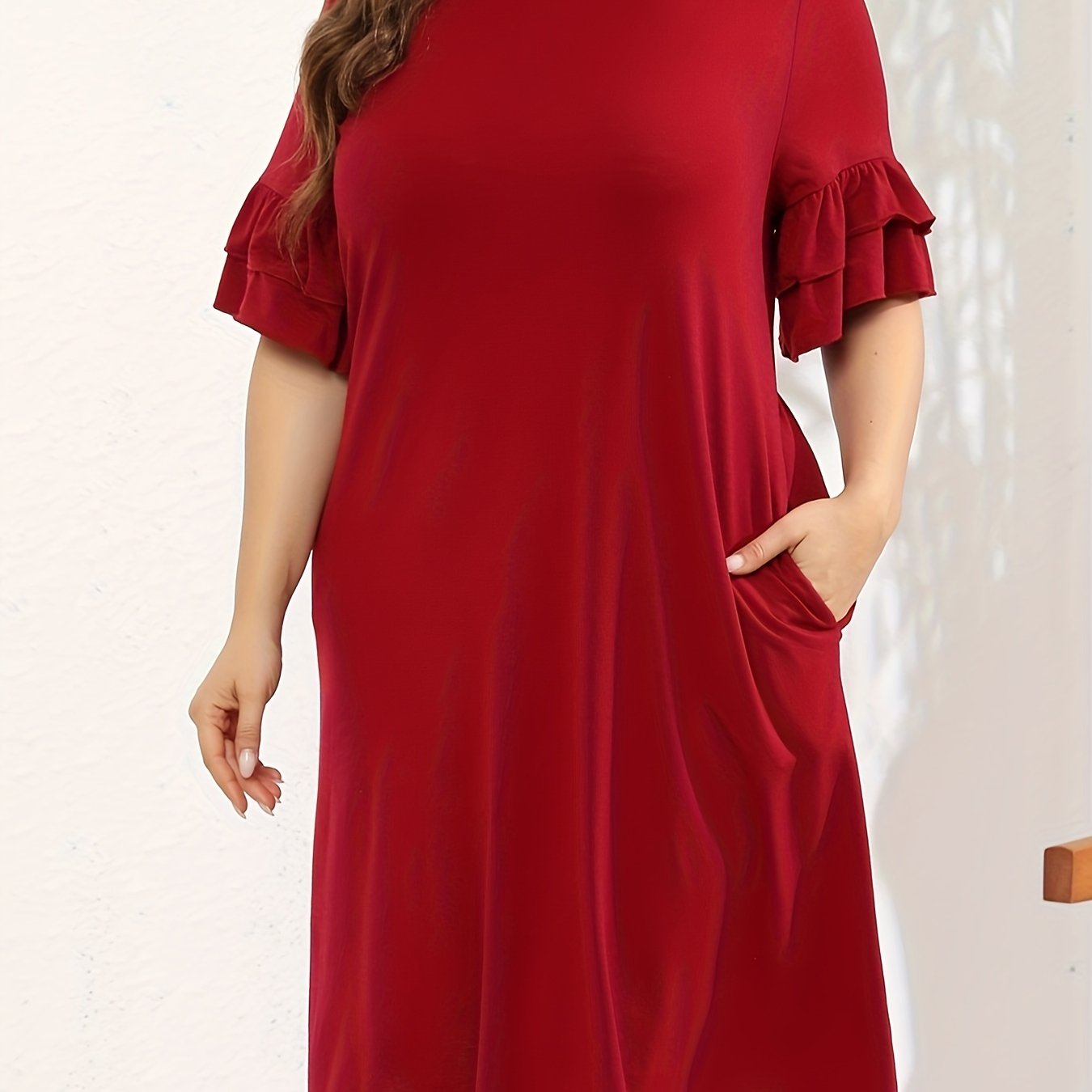 Women's Plus Solid Ruffle Trim Layered Sleeve Midi Dress