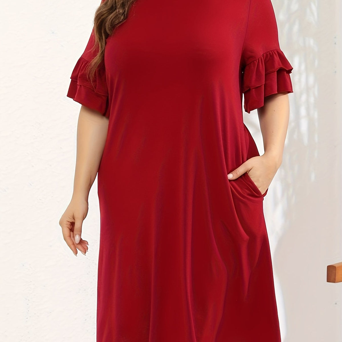 Women's Plus Solid Ruffle Trim Layered Sleeve Midi Dress