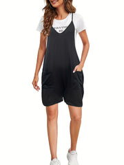 Solid Patched Pockets Jumpsuit Casual Loose V neck Jumpsuit