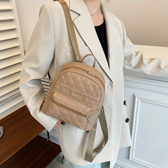 Embroidered Zipper Backpack Solid Quilted Detail Rucksack