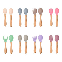 Silicone Spoon & Fork Set Mini Wooden Handle Utensils