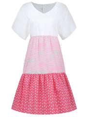 Striped Polka Dot Stitching Dress V Neck Short Sleeve Flared Dress