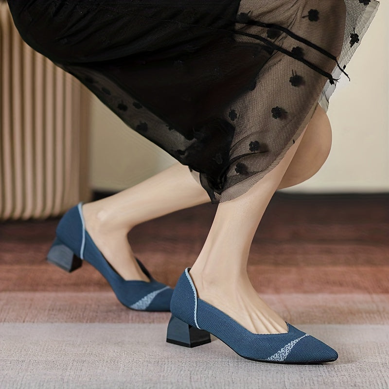 Women's Chunky Heeled Knit Pumps Pointed Toe Slip on High Heels