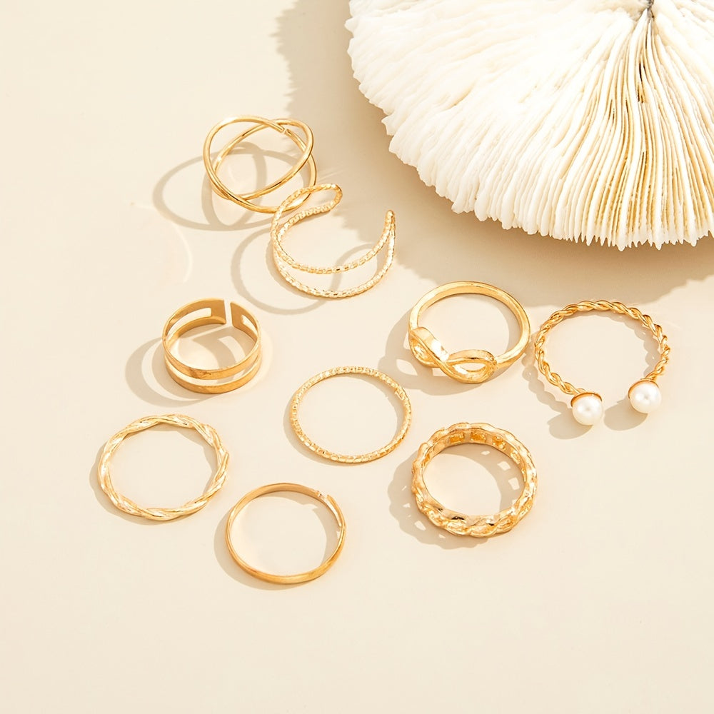 Vintage Pearl Twist Ring Set, 9 Pcs