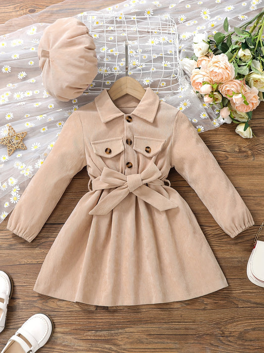 Girls Corduroy Button Front Collar Neck Dress Set