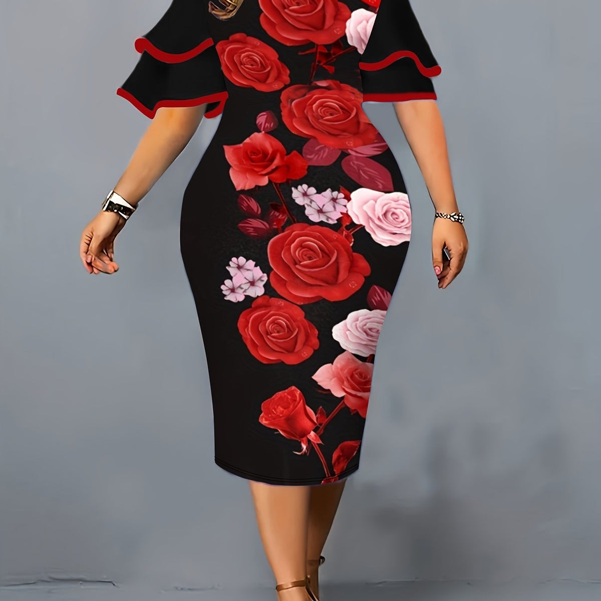  Floral Print Bell Sleeve V Neck Midi Dress