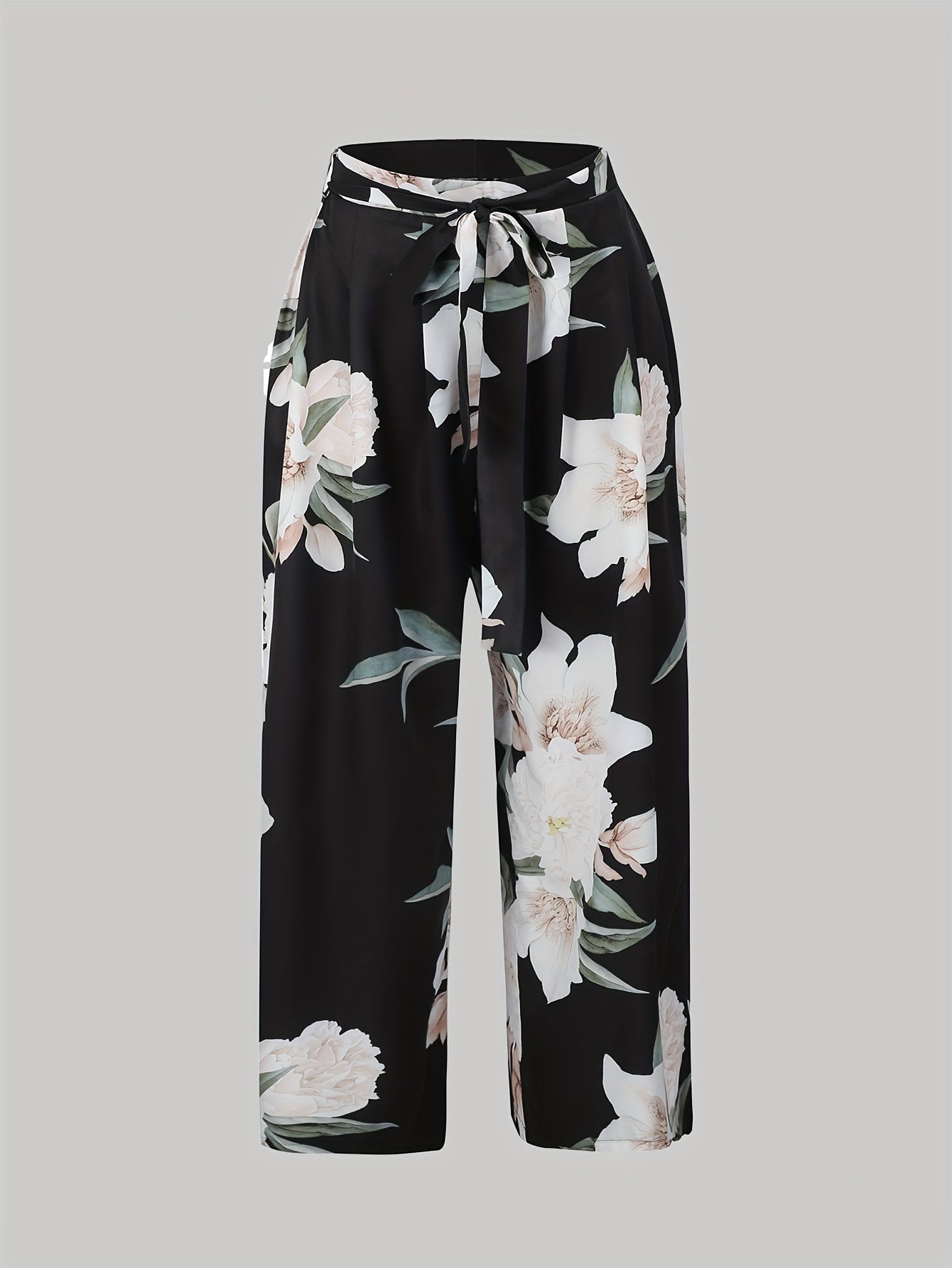  Floral Print Wide Leg Trousers With Belt