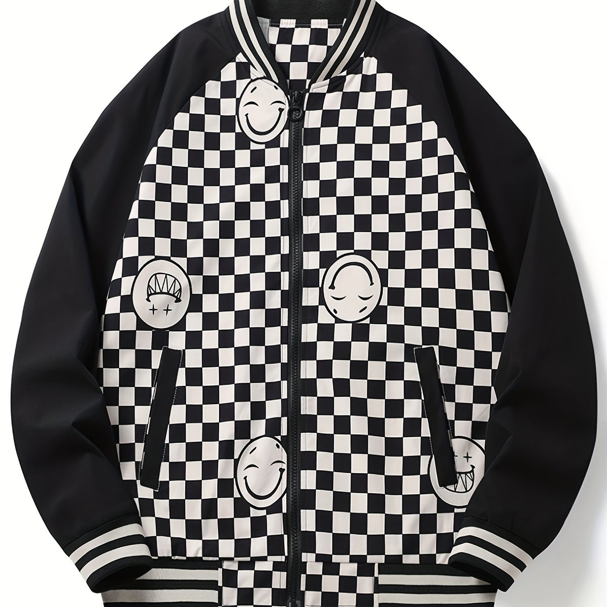Smiling Face Plaid Jacket Men's Zip Up Coat
