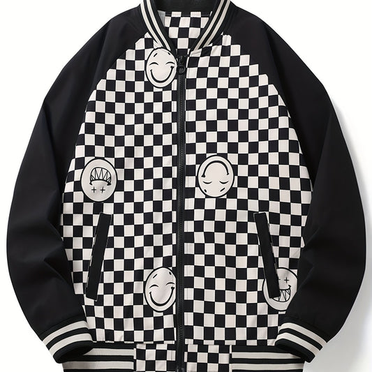 Smiling Face Plaid Jacket Men's Zip Up Coat