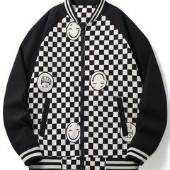 Smiling Face Plaid Jacket Men's Zip Up Coat