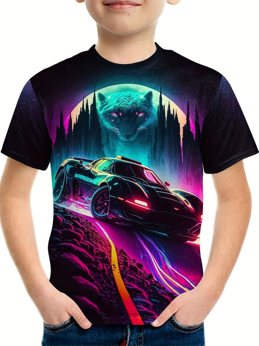 Car And Leopard 3D Print Boy's Round Neck Casual Short Sleeve T shirt