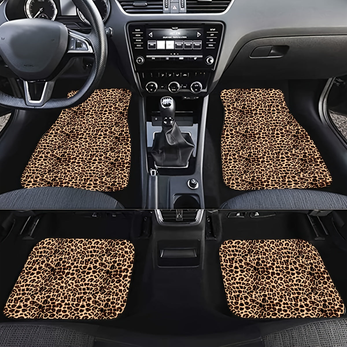 4pcs Leopard Print Car Seat Floor Mats Brown Front Rear Seat Pads