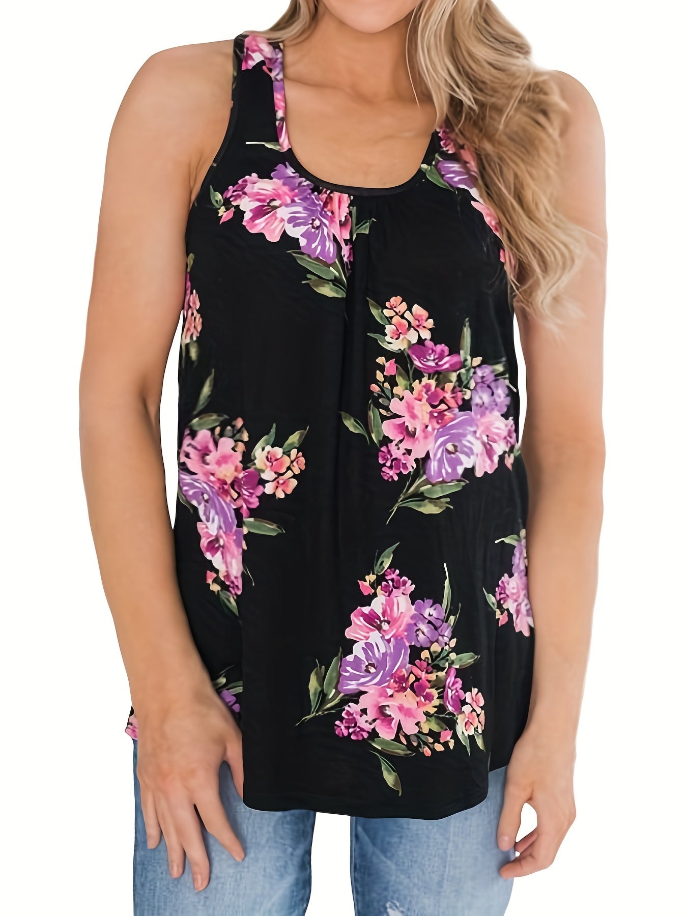  Floral Print Round Neck Tank Top