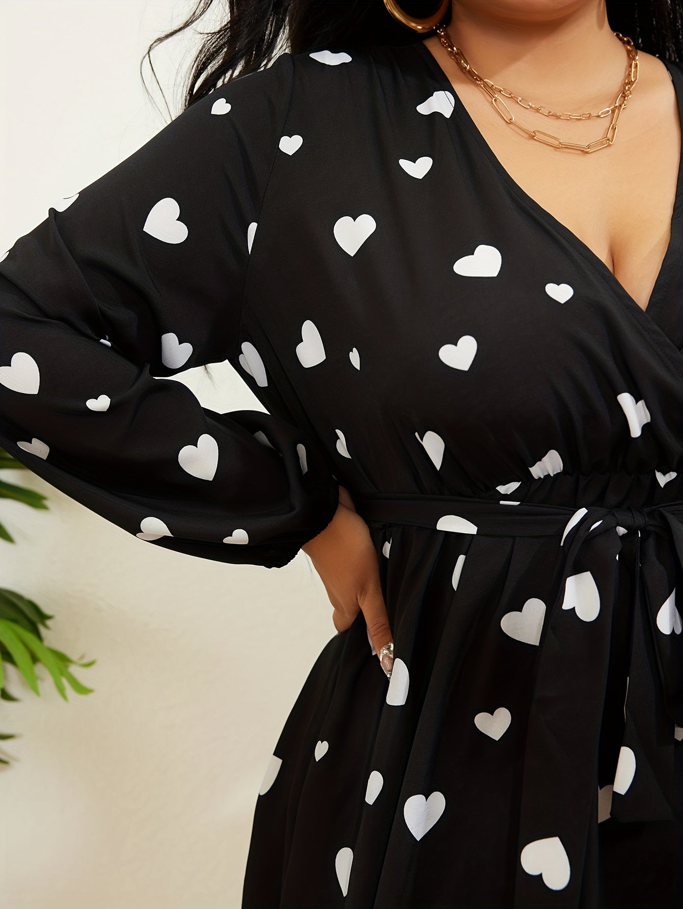  Heart Print Lantern Sleeve Dress With Belt