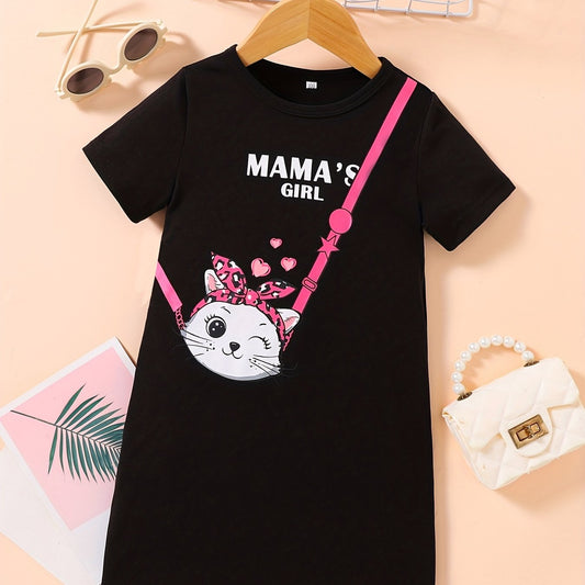 Toddler Girls Cat Messenger Bag Graphic Crew Neck Casual T shirt Dress