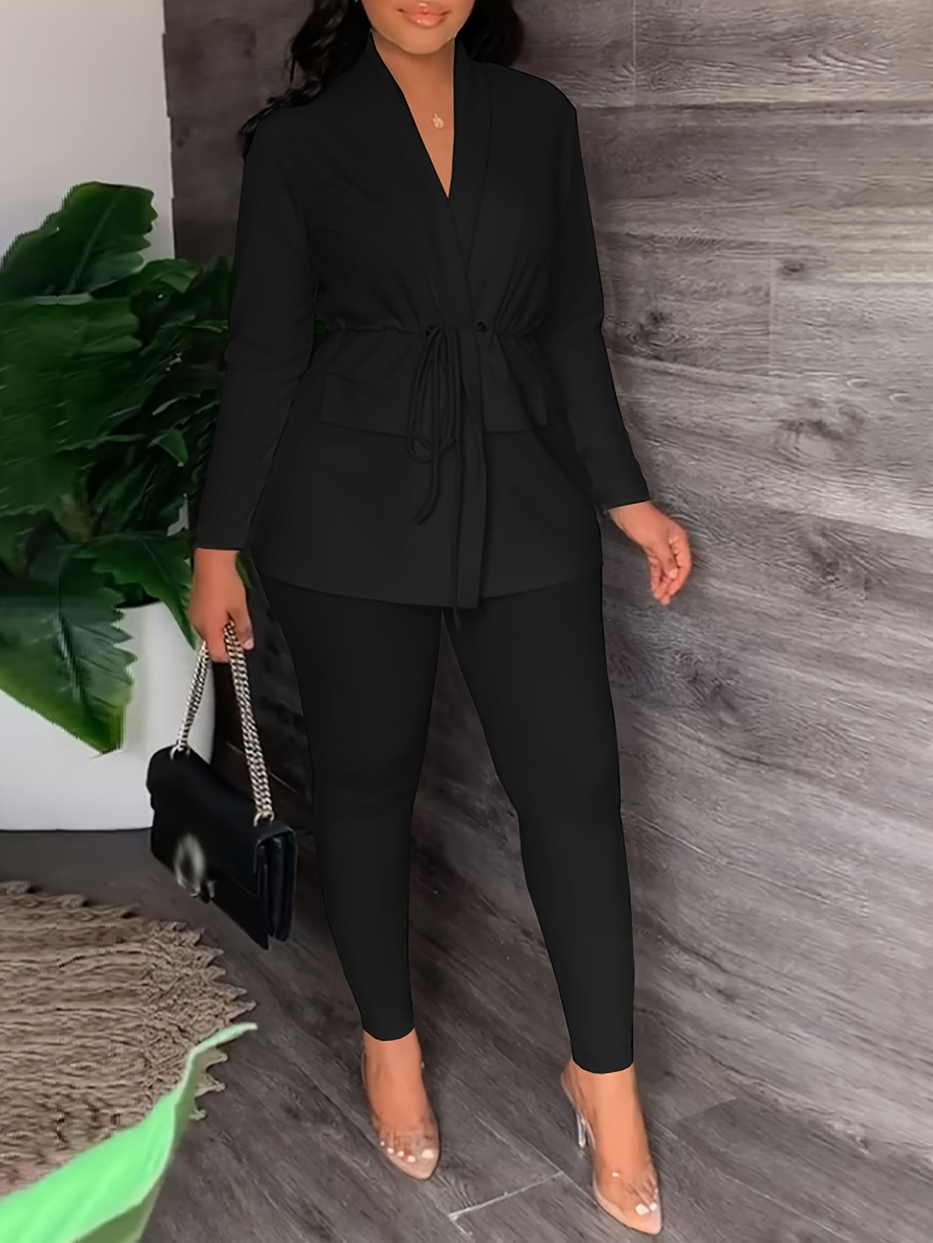  Solid Drawstring Long Sleeve V Neck Blazer & Pants Outfits Set