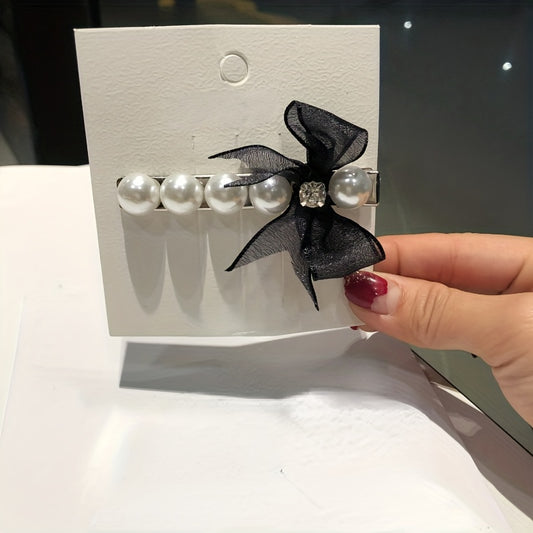 Faux Pearl Hair Clip Organza Bow Clip for Side Hair Bang