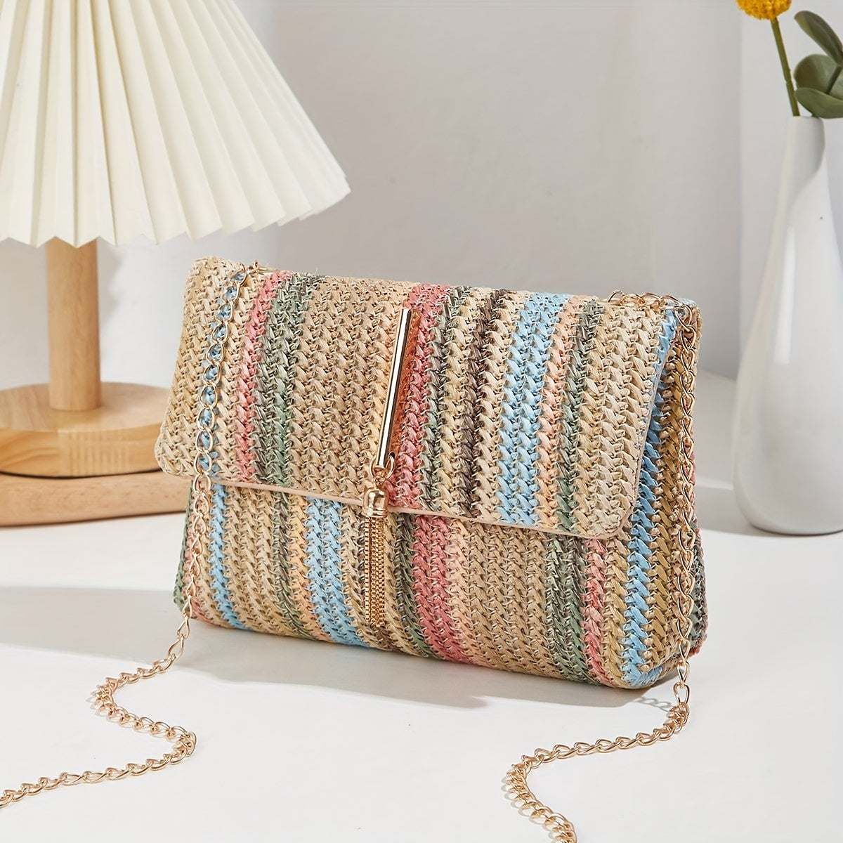 Boho Mini Shoulder Bag Colorful Striped Weave & Chain Strap