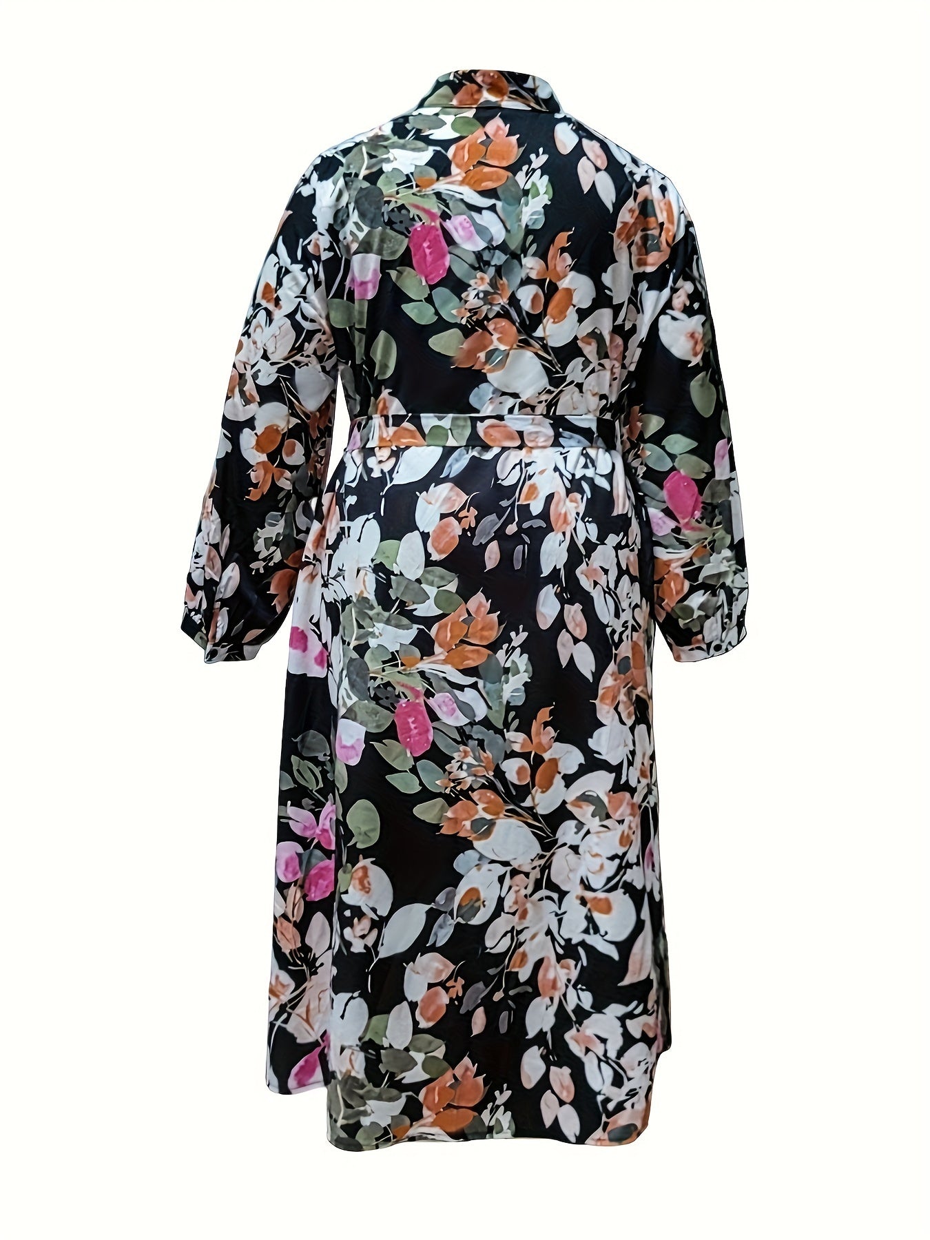 Women's Plus Floral Print Button Up Lapel Collar Midi Dress