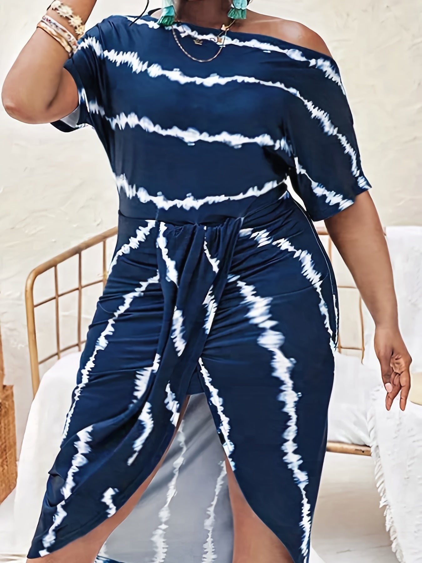  One Shoulder Striped Print Draped Front Dress