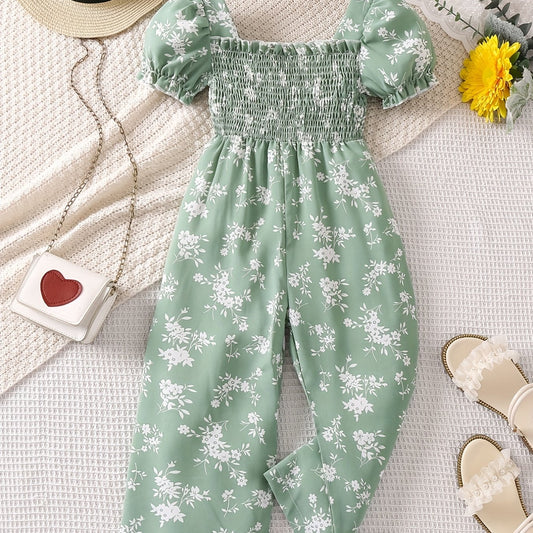 Toddler Girls Puff Sleeve Flower Graphic Rompers Jumpsuits for Beach Vacation