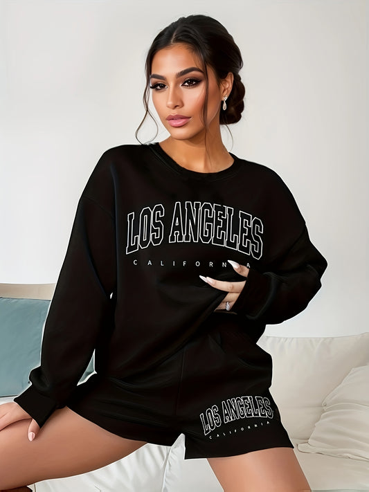 Los Angeles Print Two Piece Set Casual Long Sleeve Sweatshirt & Pants