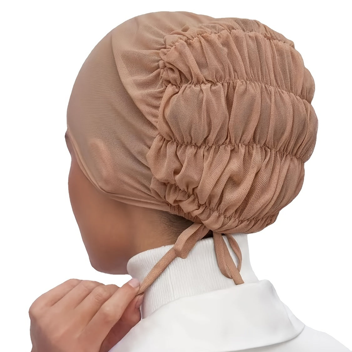 Adjustable Women Hijab Cap Drawstring Mesh Lace Up Headwear Hat