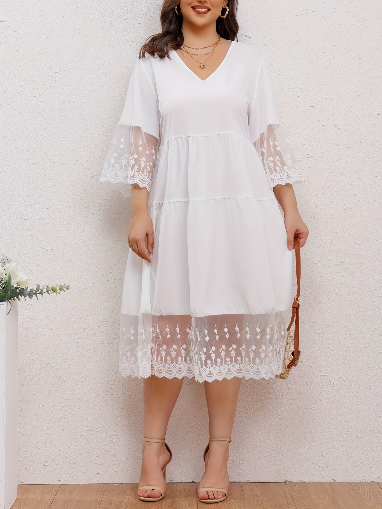  Solid Lace Floral Trim Casual Dress