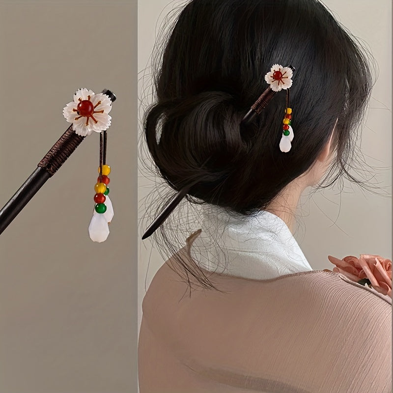 Chinese Floral Hairpin Wooden Hair Stick Ponytail Holder Accessories