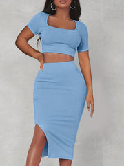 Square Neck Crop Top & Split Bodycon Skirt Set