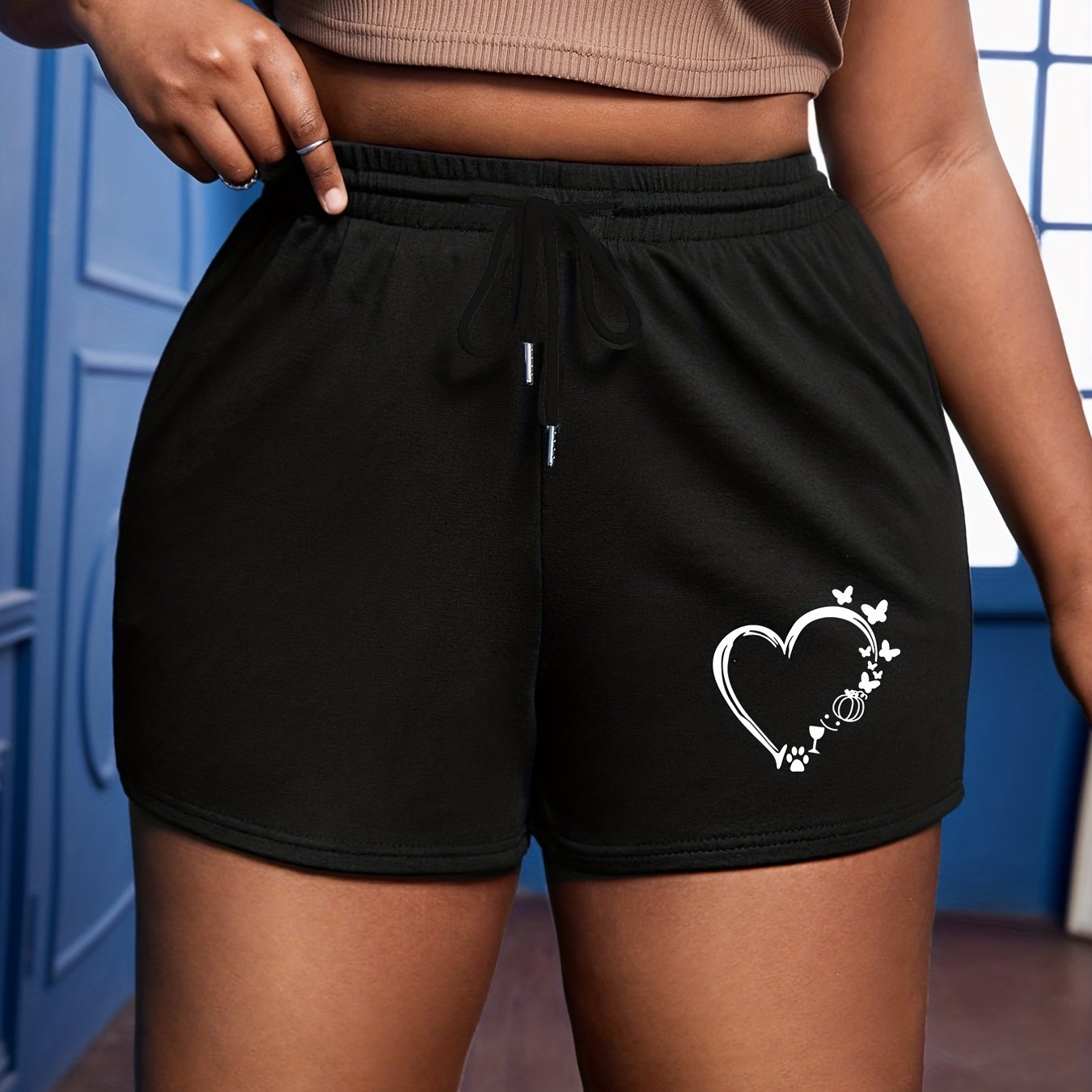  Heart & Butterfly Print Drawstring Retro Shorts
