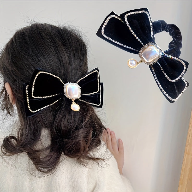 Velvet Bow Scrunchies with Rhinestone Brim Hair Tie
