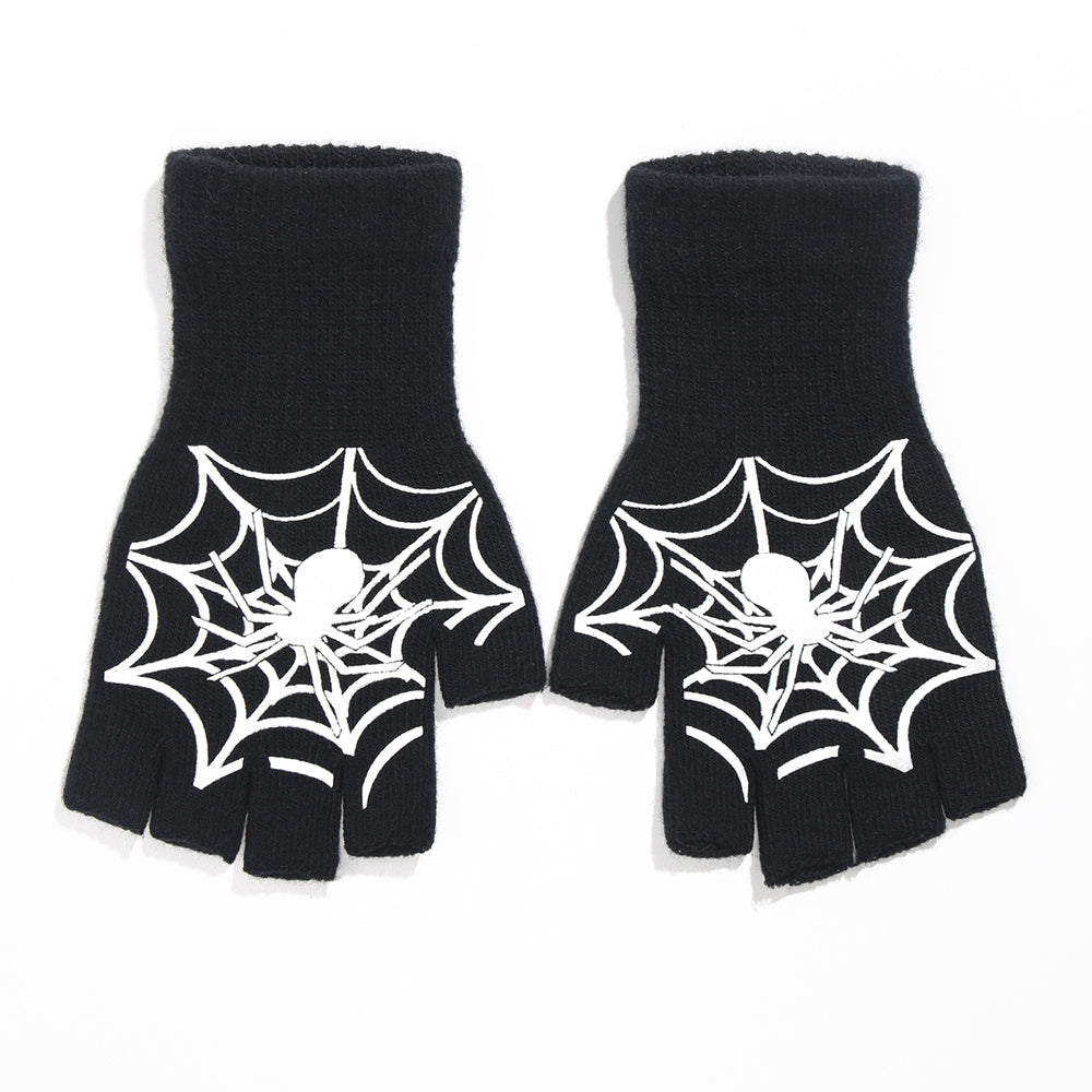 Winter Knitted Touch Screen Gloves Halloween Spider Pattern Half Finger Gloves
