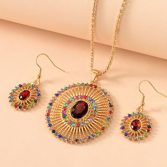 Sun Ray Pendant Necklace & Earrings Set Inlaid Gems Gift