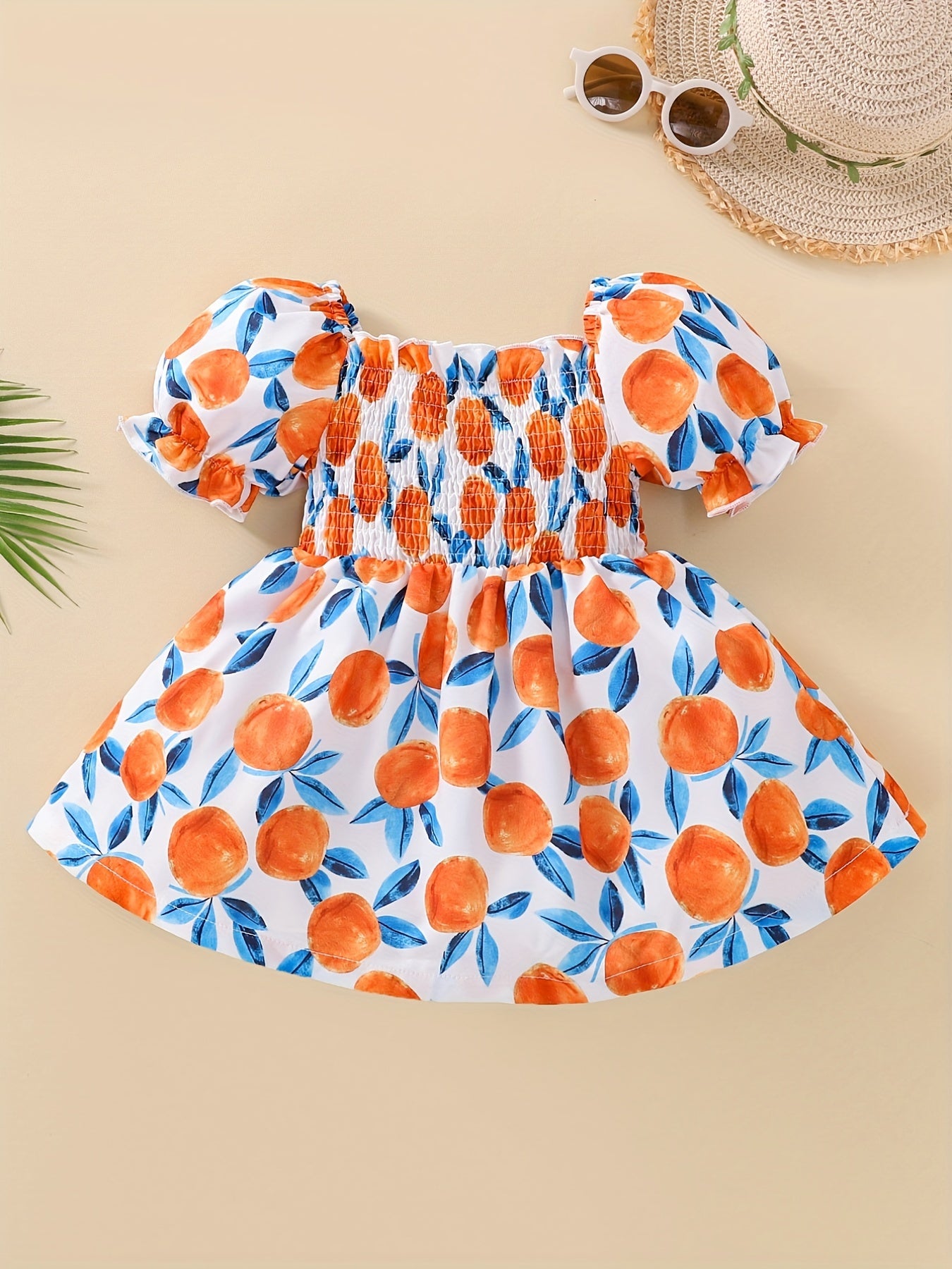 Sweet Girls Allover Print Shirred Puffy Sleeve Dress