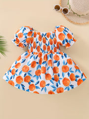 Sweet Girls Allover Print Shirred Puffy Sleeve Dress