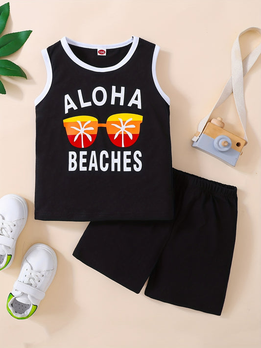 Boys Aloha Beaches Tank Top & Shorts Set - Summer Casual Wear