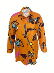  Abstract Face Print Long Sleeve Shirt Dress