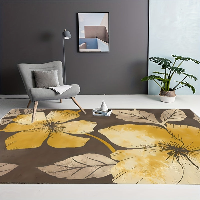 Yellow Large Pattern Area Carpet Machine Washable Non Slip Floor Mat
