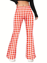 Women's Plus Plaid Elastic High Rise Flared Leg Trousers